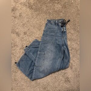American Eagle Wide Leg Baggy Cargo Blue Jeans with Drawstrings Size 6
